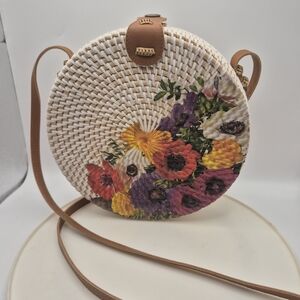 Floral Round Woven Crossbody Bag
